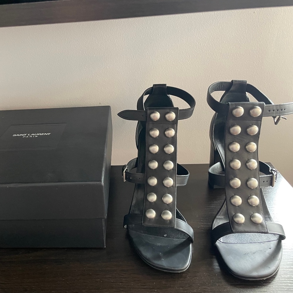 Saint Laurent  Leather Studded T Strap Block Hl Sandals, Sz 11/41